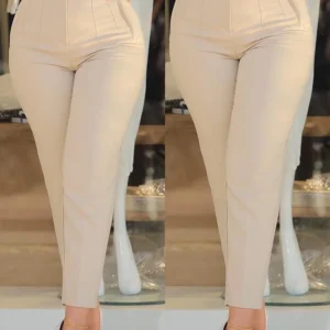 Pantalones largos negros informales a la moda, nuevos pantalones ajustados de Color sólido plisados a juego de nueve puntos para mujer, pantalones pitillo lisos para mujer