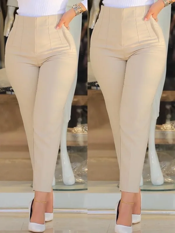 Pantalones largos negros informales a la moda, nuevos pantalones ajustados de Color sólido plisados a juego de nueve puntos para mujer, pantalones pitillo lisos para mujer