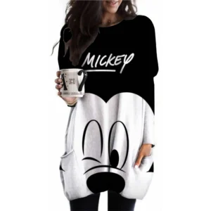 Camiseta para mujer, camiseta con estampado de Mickey Mouse de Disney, nueva camiseta informal de manga larga con bolsillo para mujer, camisetas Vintage para mujer