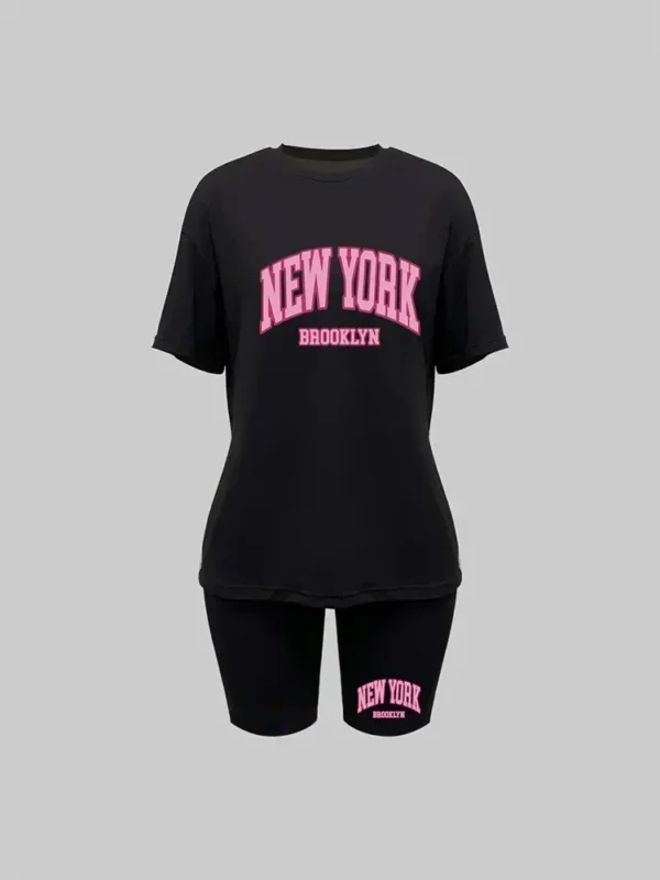 Conjunto de dos piezas de moda , pantalón corto informal, camiseta de manga y pantalones cortos con cordón, camisetas, ropa para mujer - Imagen 5