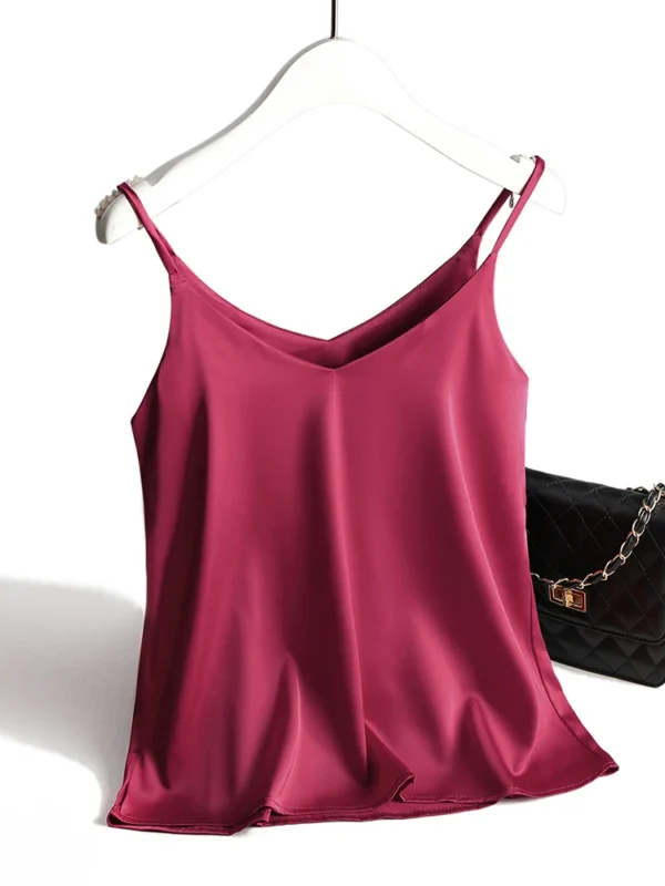 Top con tirantes finos para mujer, camisola básica blanca con cuello Halter, camisetas sin mangas de seda satinada, camisola de verano para mujer - Imagen 11