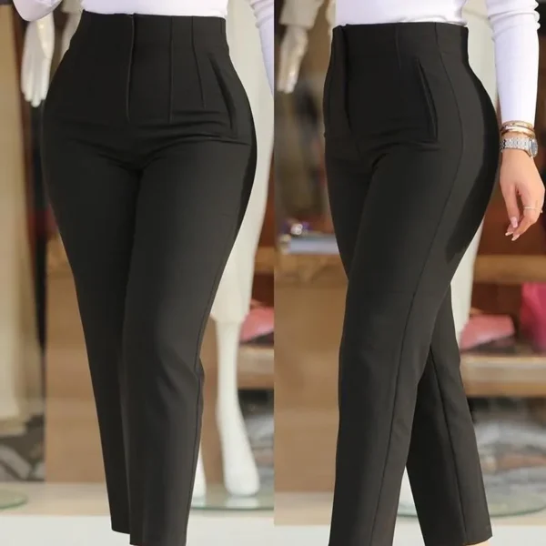 Pantalones largos negros informales a la moda, nuevos pantalones ajustados de Color sólido plisados a juego de nueve puntos para mujer, pantalones pitillo lisos para mujer - Imagen 7