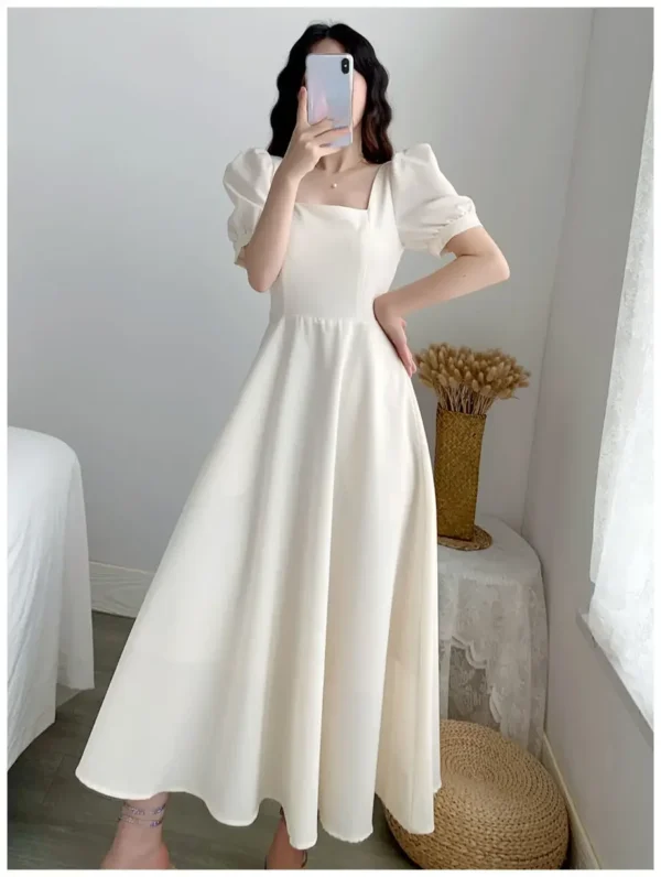 Vestido blanco ajustado para mujer, manga de burbuja, cuello cuadrado, estilo viento ligero, falda larga informal de verano, estilo coreano - Imagen 4
