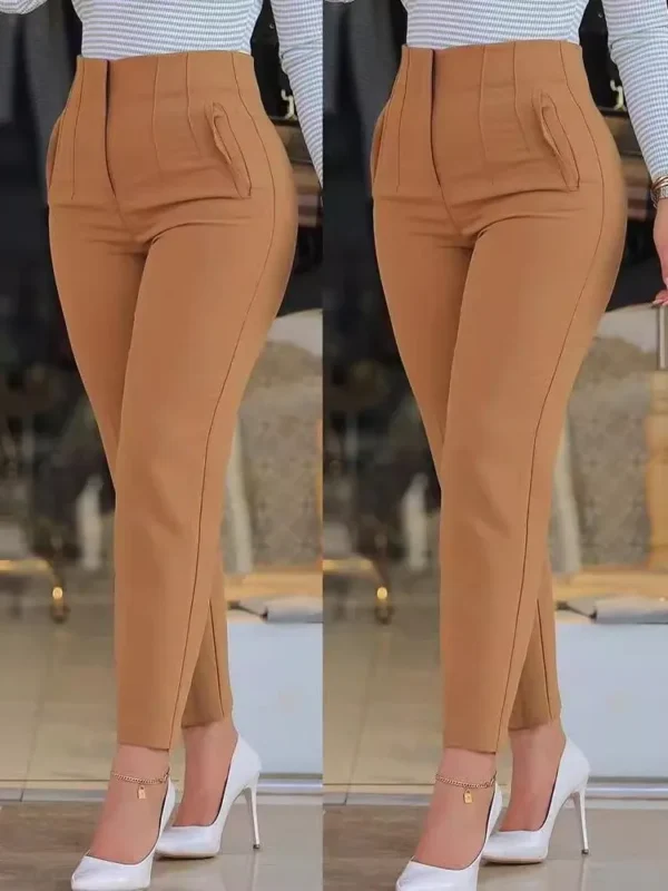 Pantalones largos negros informales a la moda, nuevos pantalones ajustados de Color sólido plisados a juego de nueve puntos para mujer, pantalones pitillo lisos para mujer - Imagen 4