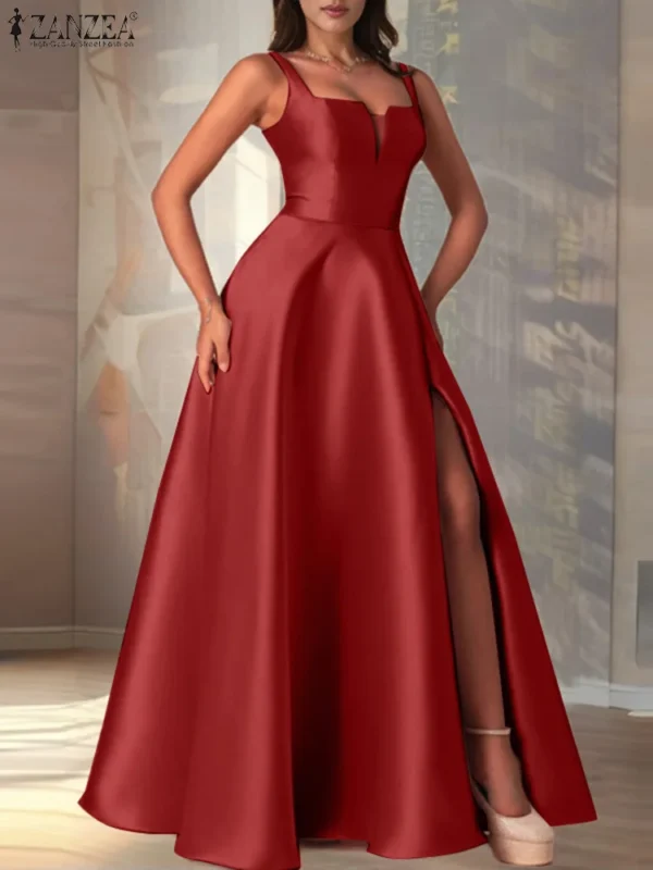 Vestidos de fiesta divididos mujeres elegante vestido largo de satén moda Clubbing vestido veraniego cuello cuadrado Maxi bata ZANZEA elegante sin mangas