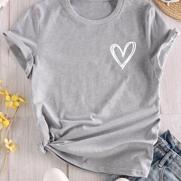Camiseta con estampado de corazones, camiseta de manga corta con cuello redondo, camisetas informales para todos los días, ropa de mujer - Imagen 7