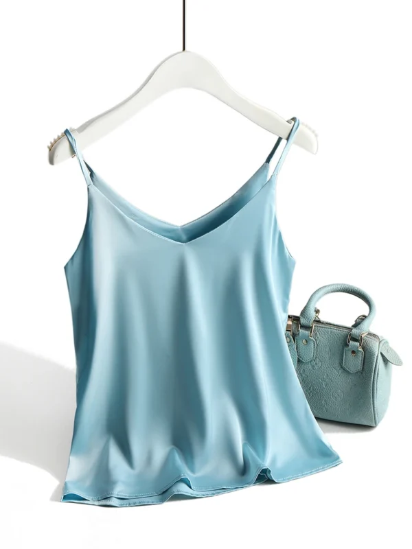Top con tirantes finos para mujer, camisola básica blanca con cuello Halter, camisetas sin mangas de seda satinada, camisola de verano para mujer - Imagen 12