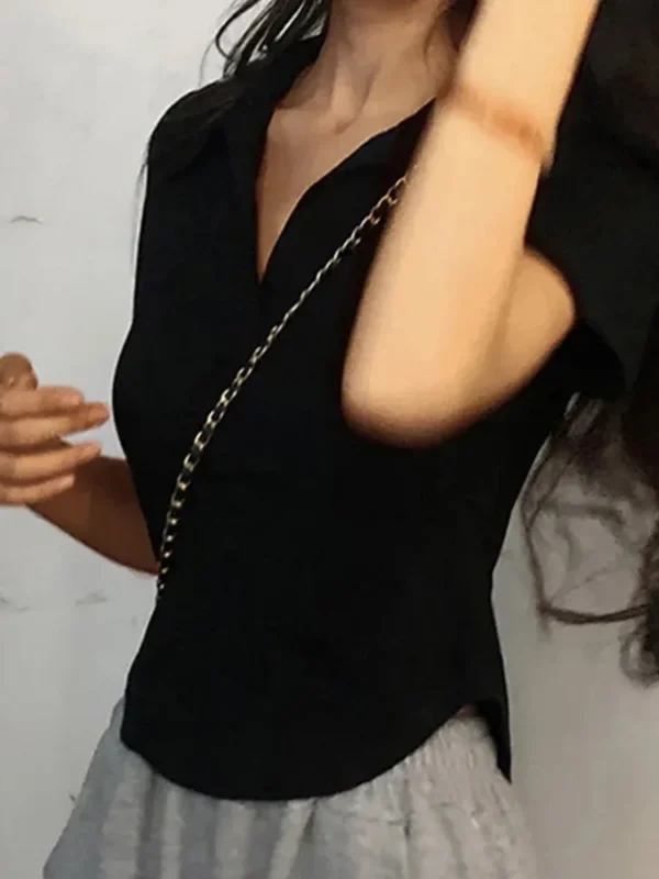 Top de manga corta con solapa para mujer, jerséis sólidos con cuello en V, camisas dulces Retro, Top corto para niña, camiseta versátil delgada para mujer - Imagen 3