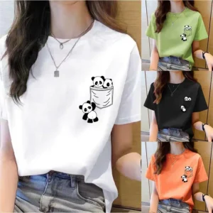 Top de manga corta para mujer, novedad de verano, Camiseta con estampado de dibujos animados de Panda de bolsillo, Tops de moda coreana para mujer, camiseta holgada con cuello redondo para mujer