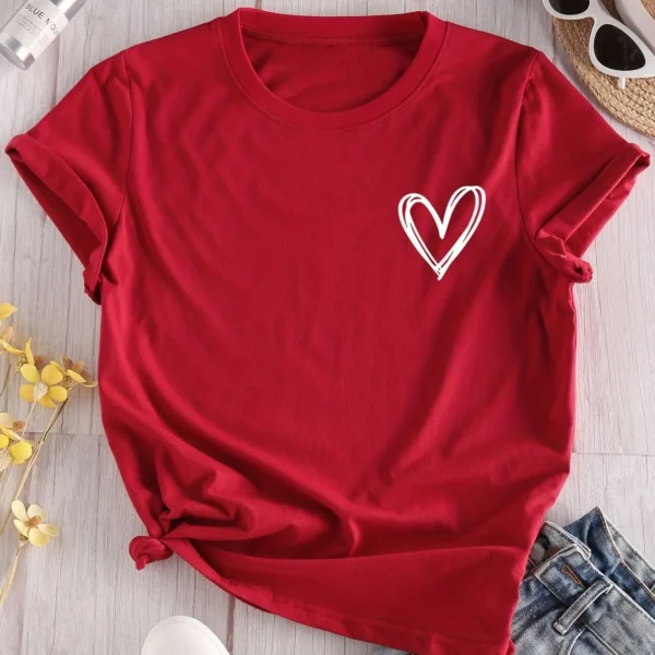 Camiseta con estampado de corazones, camiseta de manga corta con cuello redondo, camisetas informales para todos los días, ropa de mujer - Imagen 9