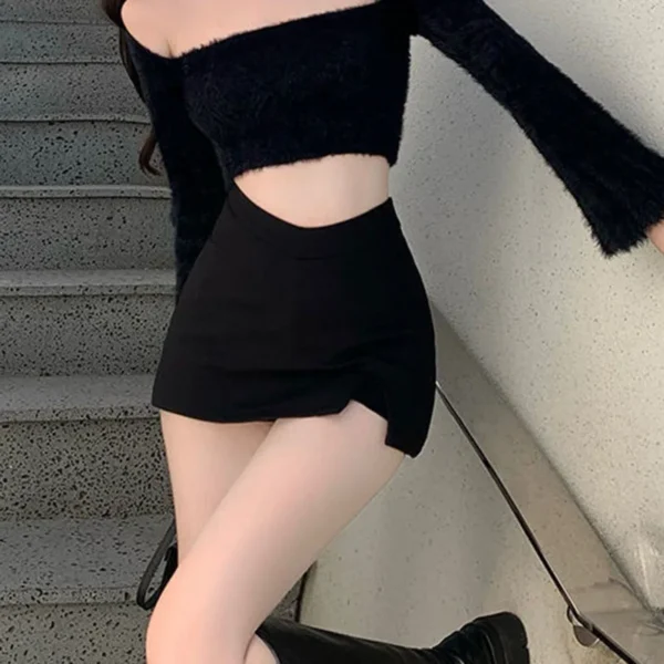 Minifaldas negras con abertura para mujer, falda Sexy de verano para discoteca, falda con abertura de cintura alta, ropa de calle, moda de fiesta coreana, falda acampanada ajustada Irregular - Imagen 5