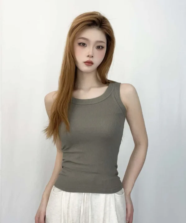 Camiseta sin mangas acanalada con cuello redondo liso para mujer, camisas elásticas básicas de verano, chaleco deportivo informal con hombros descubiertos - Imagen 11