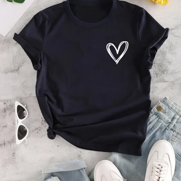 Camiseta con estampado de corazones, camiseta de manga corta con cuello redondo, camisetas informales para todos los días, ropa de mujer - Imagen 11