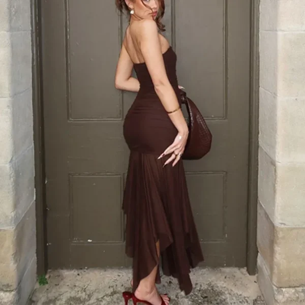 Vestido largo de tubo de malla para mujer, vestido largo Sexy plisado ajustado de retazos marrón, Vestidos de noche de fiesta Vintage, Vestidos 2025 - Imagen 6