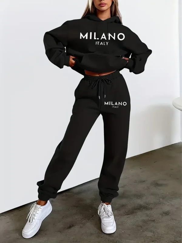 Conjunto de Sudadera con capucha con estampado de letras MILANO para mujer, ropa de calle de Hip Hop, ropa informal femenina de 2 uds, sudadera de felpa perfecta para exteriores - Imagen 7