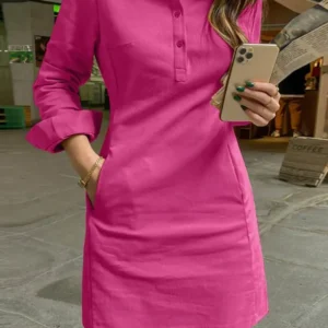 Vestido elegante de verano para mujer, camisa de Color sólido de manga larga, vestido veraniego informal holgado con botones y bolsillos, Mini Vestidos cortos 2024