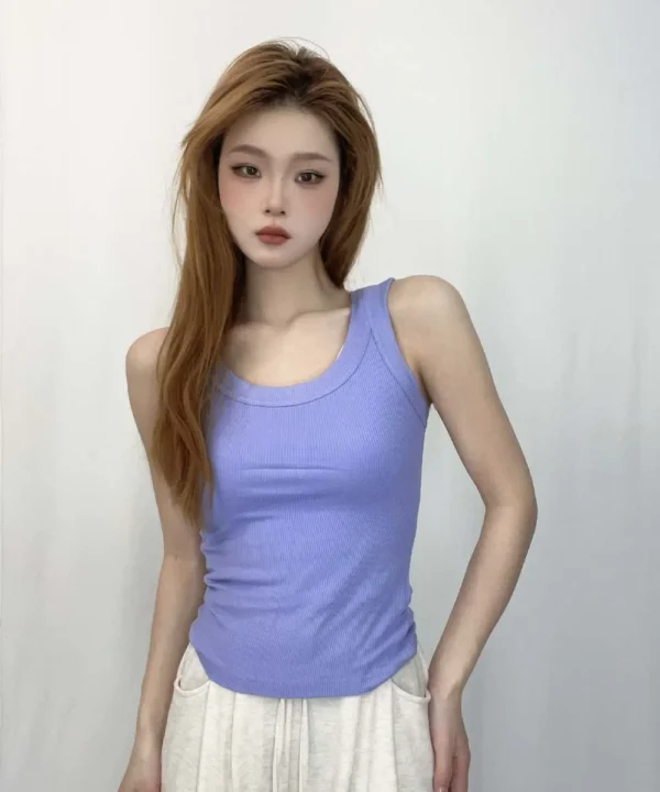 Camiseta sin mangas acanalada con cuello redondo liso para mujer, camisas elásticas básicas de verano, chaleco deportivo informal con hombros descubiertos - Imagen 9