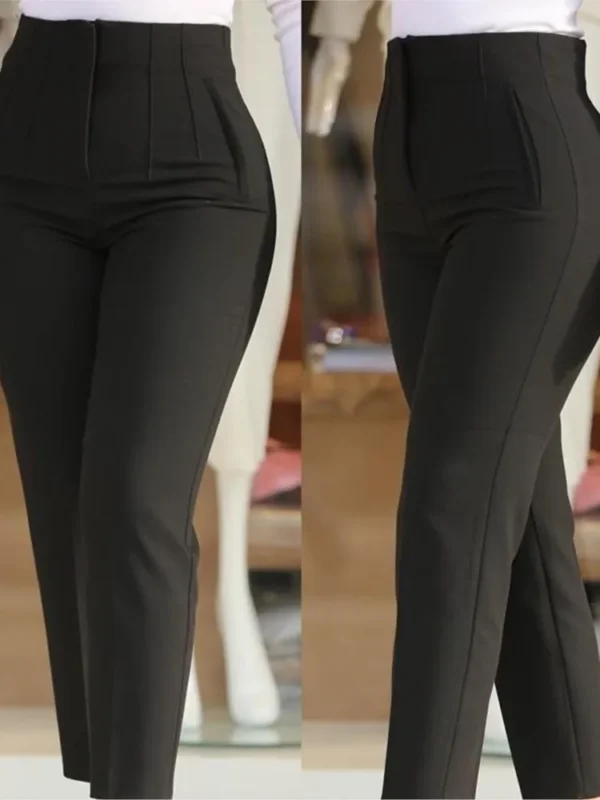 Pantalones largos negros informales a la moda, nuevos pantalones ajustados de Color sólido plisados a juego de nueve puntos para mujer, pantalones pitillo lisos para mujer - Imagen 3