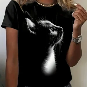 Camiseta con estampado de gato en 3D para mujer, moda urbana urbana urbana, camiseta para amantes de los animales, camiseta informal de verano para todos los días, Top de manga corta para mujer