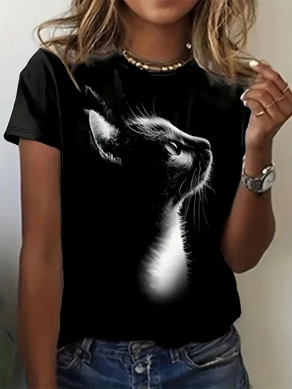 Camiseta con estampado de gato en 3D para mujer, moda urbana urbana urbana, camiseta para amantes de los animales, camiseta informal de verano para todos los días, Top de manga corta para mujer