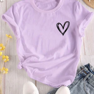Camiseta con estampado de corazones, camiseta de manga corta con cuello redondo, camisetas informales para todos los días, ropa de mujer