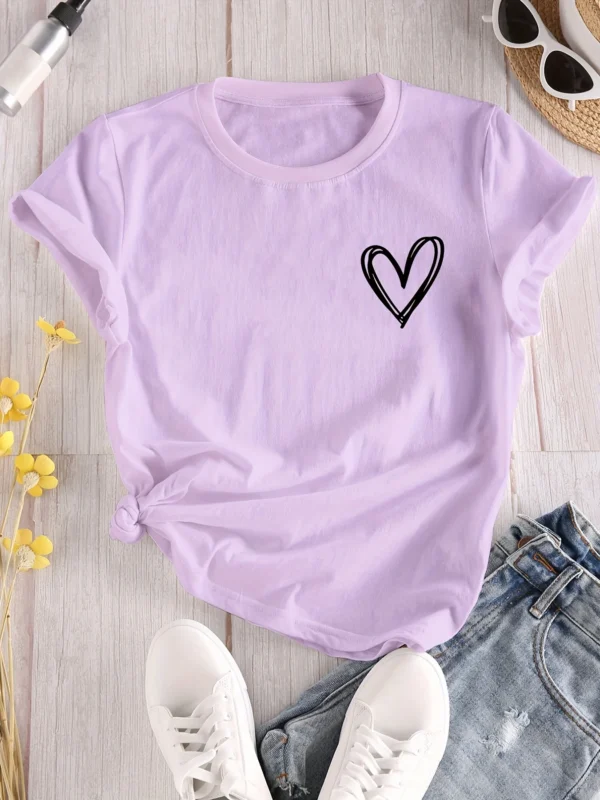 Camiseta con estampado de corazones, camiseta de manga corta con cuello redondo, camisetas informales para todos los días, ropa de mujer