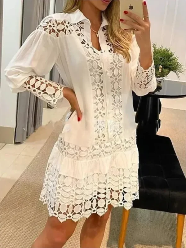 Vestidos de manga larga para mujer, Color sólido, empalme de encaje, camisa recortada de moda, vestido Sexy elegante para mujer - Imagen 2