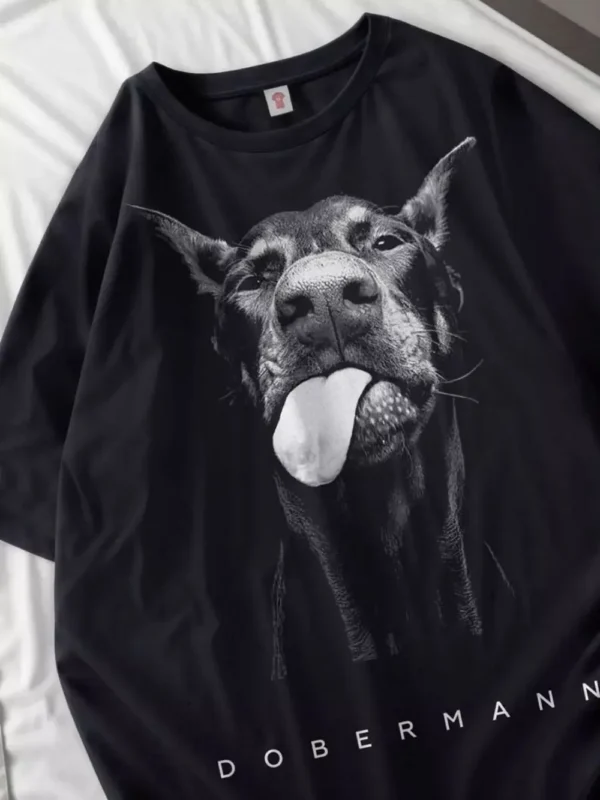 Camisetas Doberman para mujer, Tops de algodón con estampado de perros, camisetas de gran tamaño con cuello redondo, pantalón corto informal, camisetas de manga, ropa de calle para mujer
