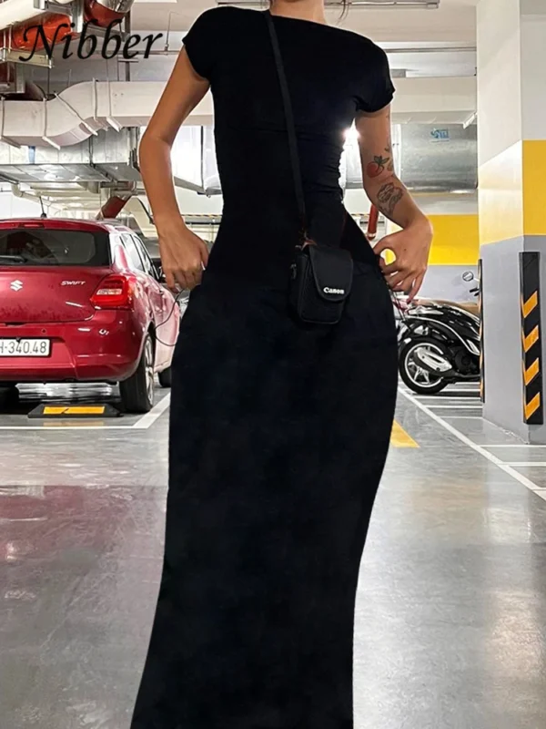 Vestido largo liso con espalda descubierta para mujer, ropa de calle Sexy, elegante, elástico, ajustado, manga corta - Imagen 3