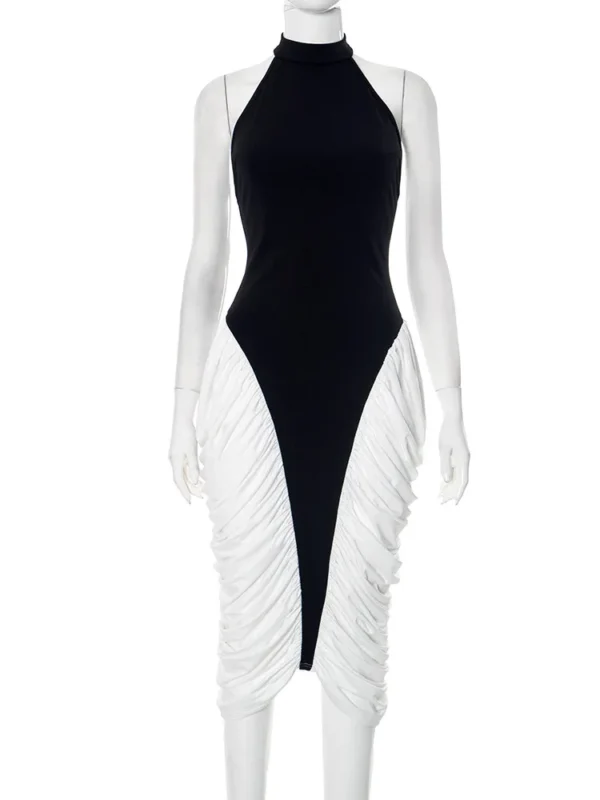 Vestido Midi elegante con cuello Halter en blanco y negro para mujer, vestido drapeado Sexy sin espalda sin mangas para vacaciones y fiesta de noche 2025 - Imagen 7