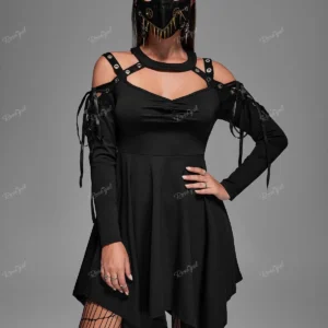ROSEGAL-ropa asimétrica gótica para mujer, Tops largos, Gargantilla, vestido recortado con cordones, camisetas negras de doble uso, talla grande