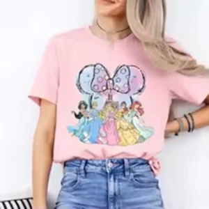 Camiseta con estampado de Princesas Disney para mujer, Camiseta de algodón puro de manga corta, Tops informales, ropa de dibujos animados