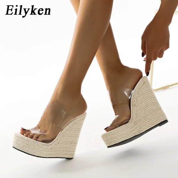 Zapatillas de verano de PVC transparente con punta abierta, zapatillas tejidas de paja, sandalias de cuña con plataforma, zapatos de tacón alto a la moda para mujer