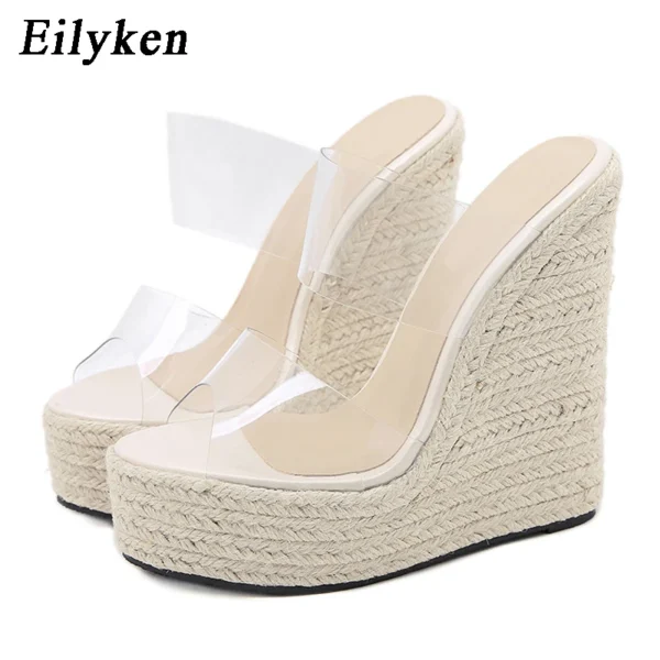Zapatillas de verano de PVC transparente con punta abierta, zapatillas tejidas de paja, sandalias de cuña con plataforma, zapatos de tacón alto a la moda para mujer - Imagen 2