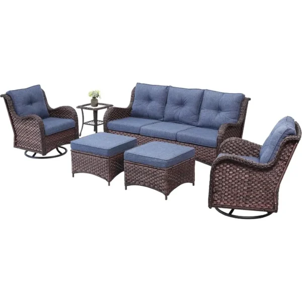 Juego de muebles para Patio exterior de 6 piezas, juegos de sillas basculantes giratorias seccionales de mimbre, sillas planeadoras giratorias y mesa de centro - Imagen 2