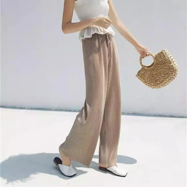 Pantalones de pierna ancha para mujer, pantalón plisado de seda de hielo, cintura elástica, holgado, informal, moda de verano - Imagen 8