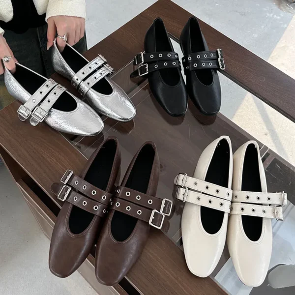 Calzado femenino con punta redonda, zapatos planos de lujo para mujer, zapatos Mary Jane, zapatos planos de Ballet con hebilla a la moda poco profundos para mujer - Imagen 2
