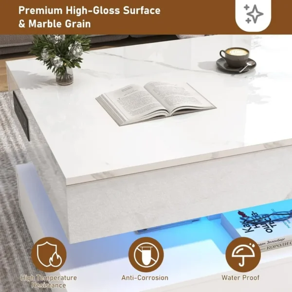 Mesa de centro grande con tapa elevable de 47,2 pulgadas con estación de carga, mesa central moderna LED de alto brillo con compartimento oculto de almacenamiento - Imagen 3