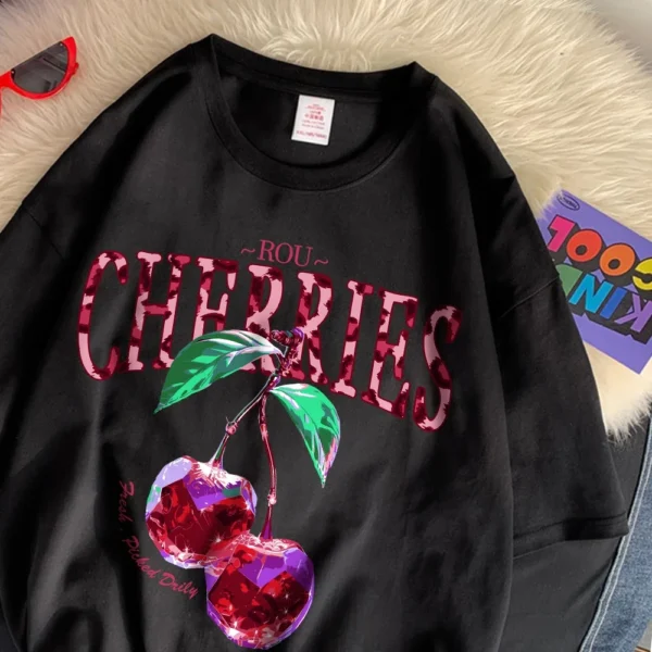 Camiseta de cerezas ROU para mujer, camisetas de algodón de gran tamaño con estampado de cristales morados, camisetas informales de manga corta con cuello redondo, ropa de verano para mujer - Imagen 2