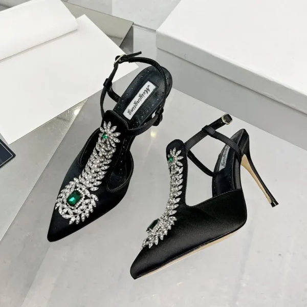 Zapatos de boda para mujer, sandalias de tacón alto con punta estrecha y diamantes de imitación, sandalias de tacón de aguja con piedras preciosas de satén, zapatos de boda con bomba de hadas Baotou 2022 - Imagen 6