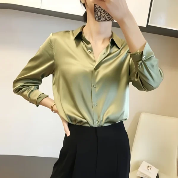 Camisas y blusas con acabado satinado que combinan con todo, ropa de mujer, Top informal OL, camisas elegantes con botones de manga larga, blusas sólidas francesas - Imagen 14