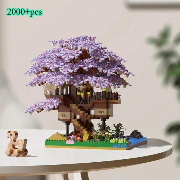 Bloques de construcción modelo clásico ladrillos juguetes para niños DIY púrpura romántico flor de cerezo rosa árbol casa tren montaje - Imagen 7