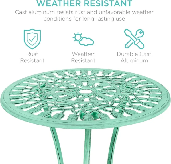 Juego de bistró de patio de aluminio fundido resistente a la oxidación para exteriores de 3 piezas con diseño de tulipán, acabado antiguo - Conjuntos de muebles de patio verde azulado - Imagen 3