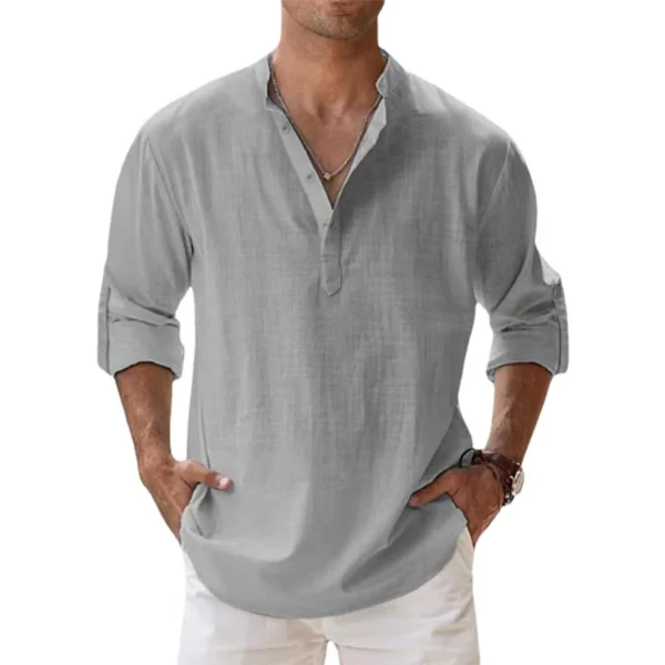 Camisas de lino y algodón para hombres, camisas casuales, camisas ligeras de manga larga Henley Beach, camisetas hawaianas para hombres - Imagen 11