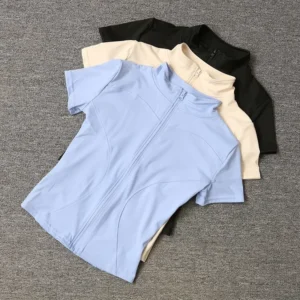 Tops de entrenamiento adelgazantes de cintura de alta calidad para mujer, camisas de Yoga de manga corta con cuello levantado ajustado de secado rápido y cremallera completa, verano