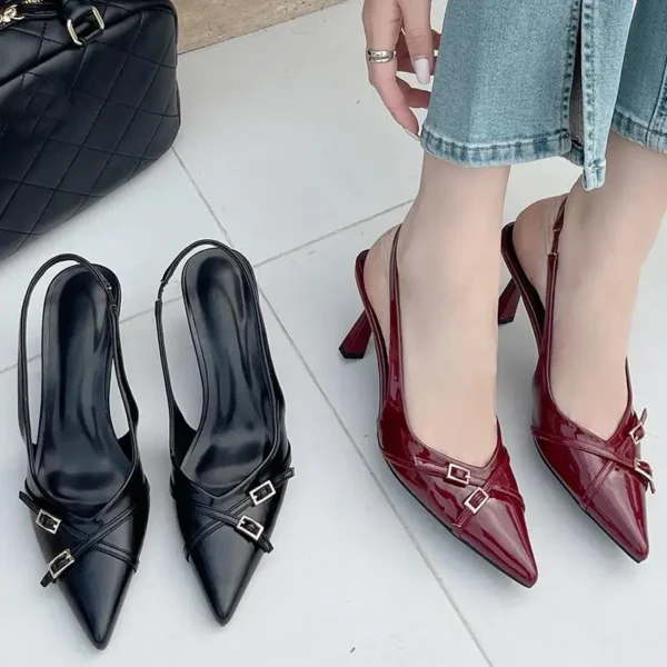 Sandalias femeninas de moda, tacones rojos a la moda, zapatos de tacón para mujer, calzado con talón descubierto, zapatos con hebilla y punta estrecha, zapatos de tacón para mujer - Imagen 2