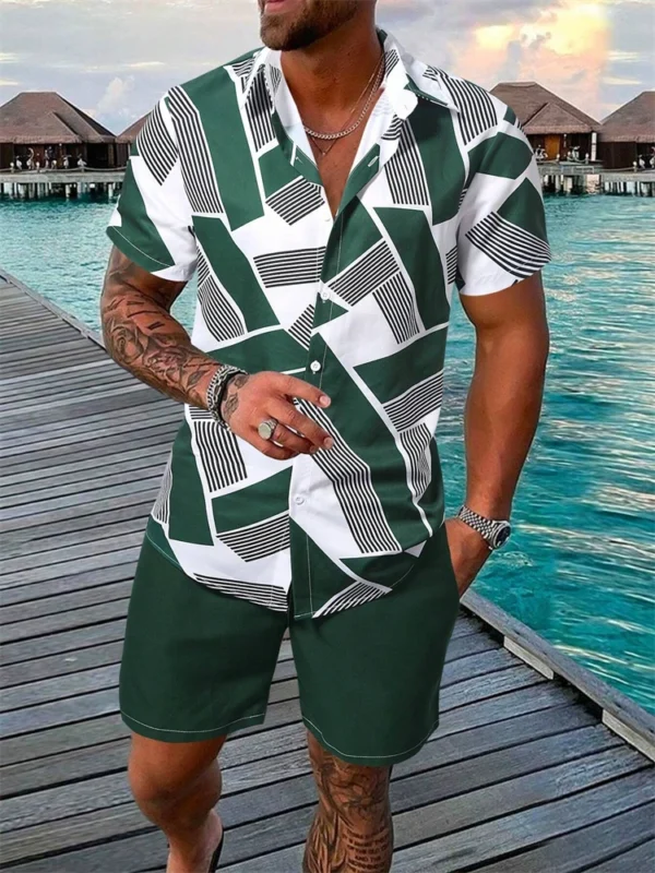Camisa de manga corta para hombres y pantalones cortos de 2 piezas, conjunto de pantalones cortos con cordón de playa con estampado de árbol de coco a la moda - Imagen 14