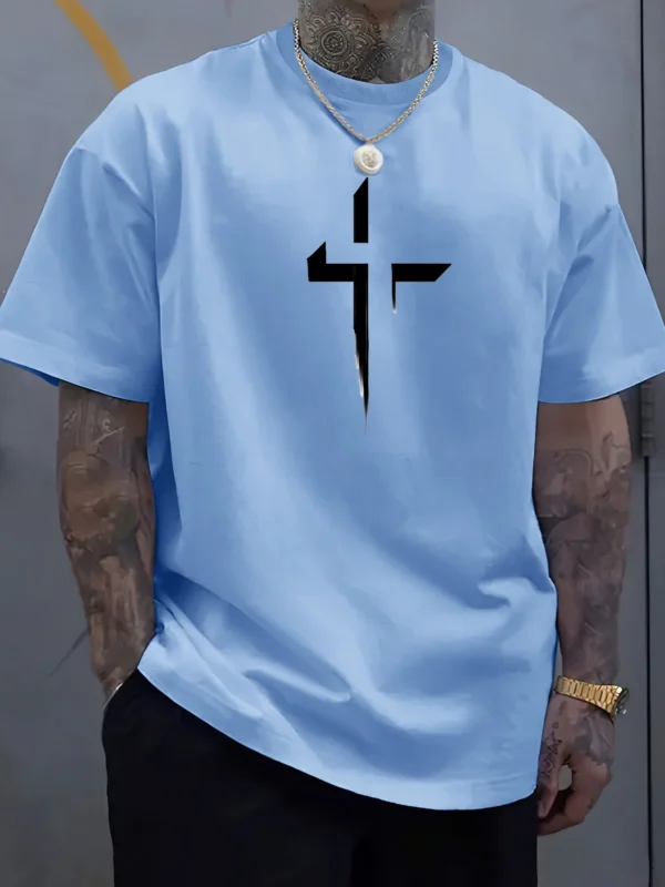 Camiseta de manga corta con cuello redondo para hombre, 100% de algodón puro, informal, holgada, de talla grande, con estampado creativo cruzado, deportiva, cómoda, de verano - Imagen 4