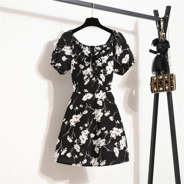 Minivestidos de mujer, moda de verano, Vestidos femeninos con estampado Floral, Vestidos de gasa fruncidos, plisado, manga corta acampanada, vestido informal - Imagen 3