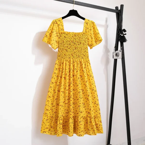 Vestido de gasa de primavera y verano para mujer, vestidos por debajo de la rodilla, manga corta, cintura elástica, estampado Floral, plisado, vestido informal sin espalda - Imagen 9